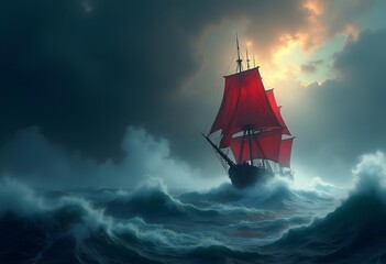 Obraz premium Large Wooden Ship Illustration In Atmospheric Environment 