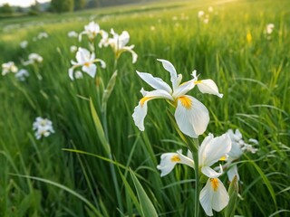 Fototapeta premium Delicate White & Yellow Irises Blooming in Lush Green Field - Macro Photography