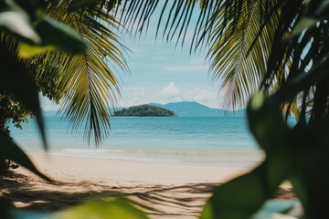 Tropical beach scene viewed through palm fronds. (12)