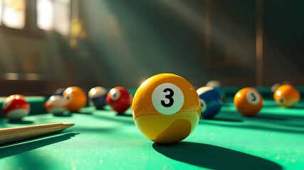 Three pool balls, realistically rendered, in a candid photo.