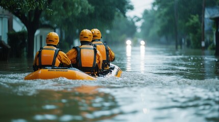 Rescue team navigating floodwaters in a kayak during a disaster response mission, showcasing bravery and community support.