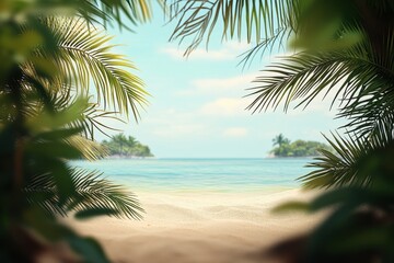 Idyllic tropical beach scene viewed through lush palm fronds. (2)