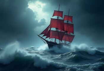 Obraz premium Large Wooden Ship Illustration In Atmospheric Environment 