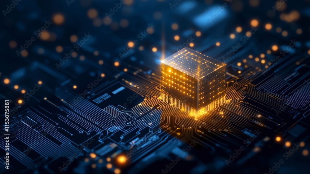 Poster abstract digital circuit board with glowing processor in 2d style, featuring minimalist design eleme