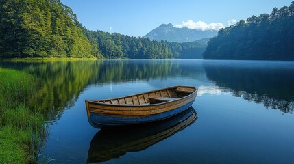 Obraz premium A serene lake with a wooden boat surrounded by lush trees and mountains in the background.