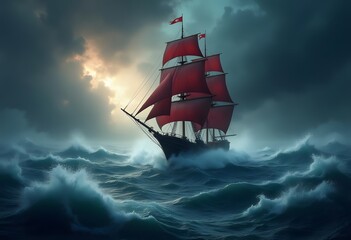 Obraz premium Large Wooden Ship Illustration In Atmospheric Environment 