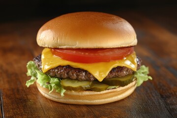 Juicy cheeseburger with lettuce, tomato, pickles, and melted cheese on a wooden table.