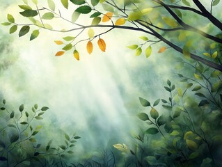 Mystical Foggy Forest with Sunlight Filtering Through Dense Foliage, Soft Green Tones, and Vibrant Autumn Leaves Creating a Tranquil Atmosphere
