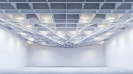 A modern empty room featuring a suspended grid ceiling with halogen spotlights arranged symmetrically. 