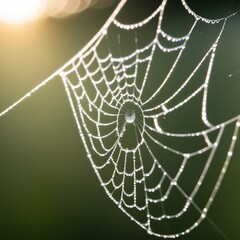 Naklejka premium A macro shot of dew drops glistening on a spider web in the early morning light, with a blurred green background.