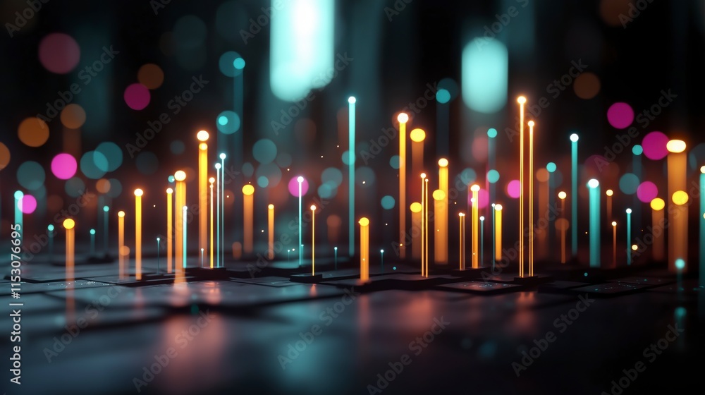 Poster futuristic visualization of urban cities powered by gigapixel technology with bright colorful light 