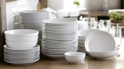 Pile of white clean plate. Kitchen dish stack. Porcelain dinner crockery front view. Glass clear bowl for food isolated on transparent background. Round sparkling serving dishware object in restaurant