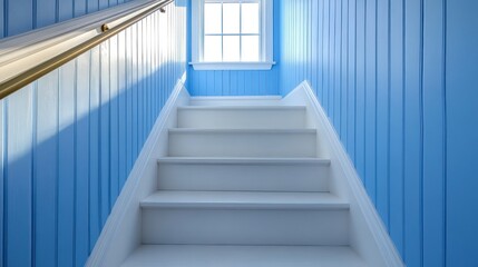 Obraz premium A bright blue stairway leading to a window, creating a serene and inviting atmosphere.