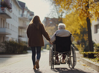 Young woman assisting elderly lady in wheelchair on a scenic path.