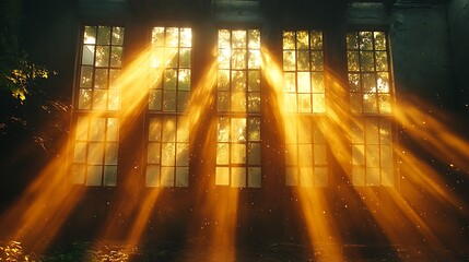 Sunbeams stream through dusty windows of abandoned building.