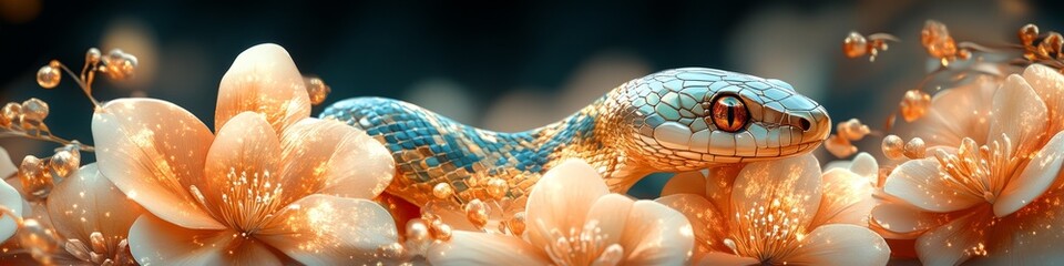 Fototapeta premium Bright blue snake among delicate flowers symbolizes prosperity for Chinese New Year 2025