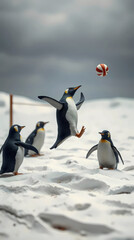 Fototapeta premium penguins playing beach volleyball on a snowy tundra