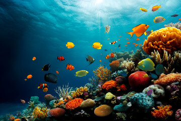 Naklejka premium A vibrant underwater scene showcasing colorful coral reefs and diverse tropical fish in a sunlit ocean environment.