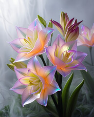 Fototapeta premium A beautiful spectrum of Alstroemerias flowers with delicate, translucent petals illuminated by soft light. Created with generative AI