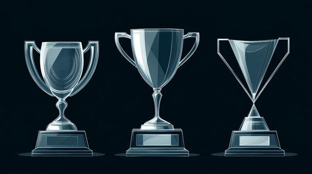 Glass award trophy set. Transparent prize template. Winner first place concept. Vector illustration. Winner glass trophy. First place award, crystal prize and signed acrylic trophies. Glass awarding t