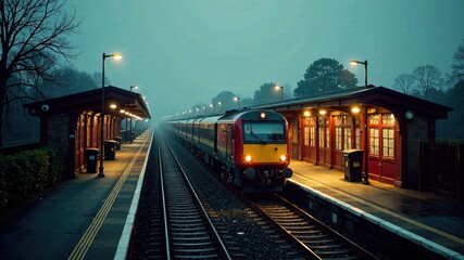 Naklejka premium UK Train Station Drone Footage Hull 50fps Railway Track Train Vivid Colors Depth of Field