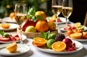Festive table setting with fresh fruits and sparkling wine glasses