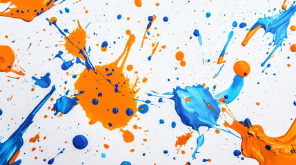 Dynamic paint splatters create a vibrant artistic expression on a clean white backdrop with shades of orange and blue