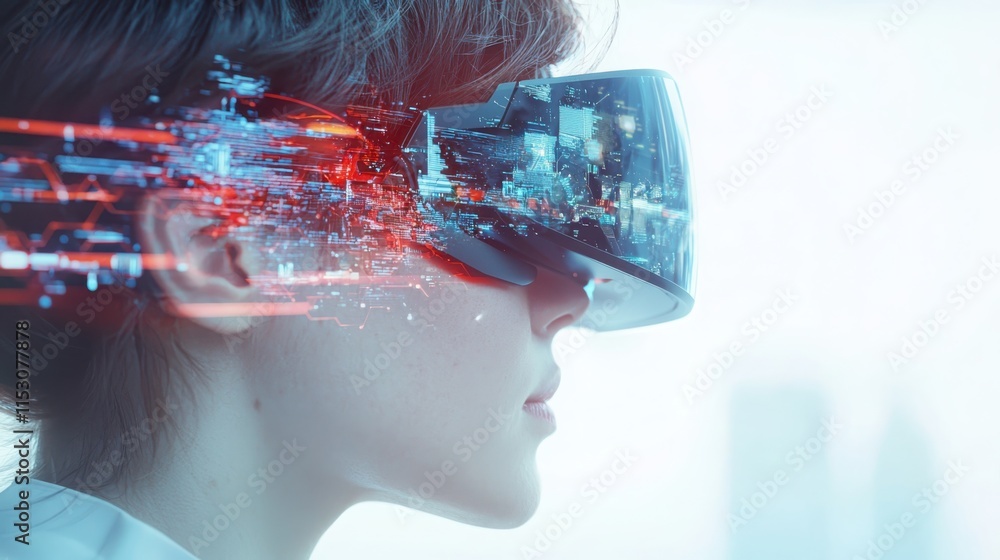 Poster exploring virtual reality and augmented interfaces futuristic lab digital art bright colors close-up