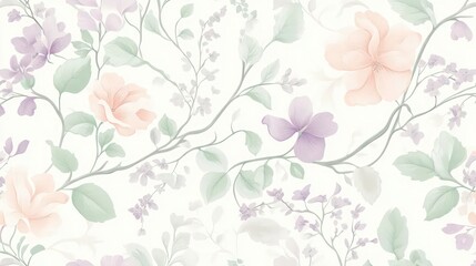 A seamless pattern featuring organic floral designs with soft, flowing petals and leaves in pastel shades of pink, lavender, and mint green. 