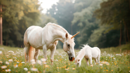 Naklejka premium Unicorn white horses family standing in grass field meadow eating grass in the wild and pasture in natural sunset with cloud and blue sky on hill