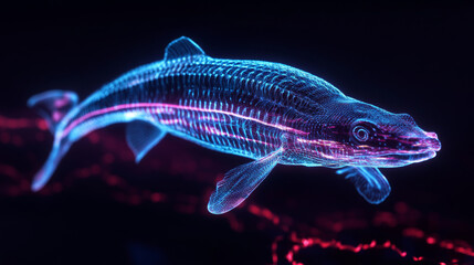 Hologram of sturgeon. Holographic projection of sturgeon. Flickering energy flux of particles. Scientific design animals.