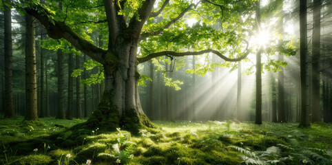 Obraz premium Beautiful green tree grew up amidst the rainforest in natural sunlight and sun ray shining into the wild and forest 