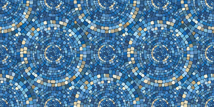 Seamless pattern blue Circular Mosaic. Decorative Antique Stone Ornament.