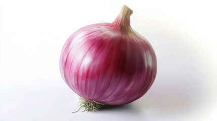 Whole purple onion with its root end visible sits centered and perfectly illuminated, isolated on a stark white background for retail use.