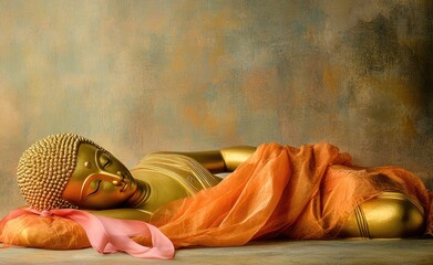 A golden Buddha lying on its back in the temple, with an ancient and traditional architecture behind it