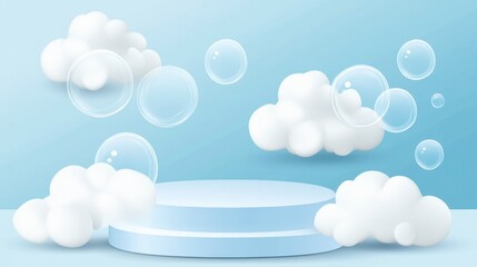 Pastel Blue Podium with Fluffy Clouds and Bubbles - Dreamy Product Display