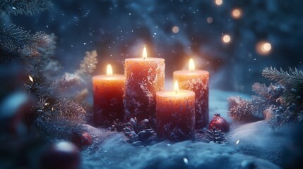 Winter Candles Glow in Snowy Forest Scene
