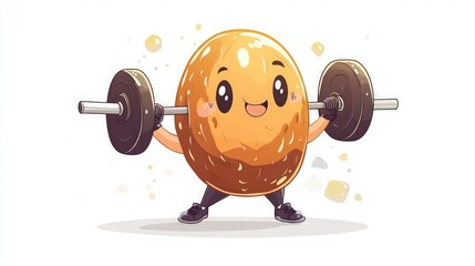 A happy cartoon potato character lifting heavy weights demonstrates healthy eating and fitness concepts isolated on white.