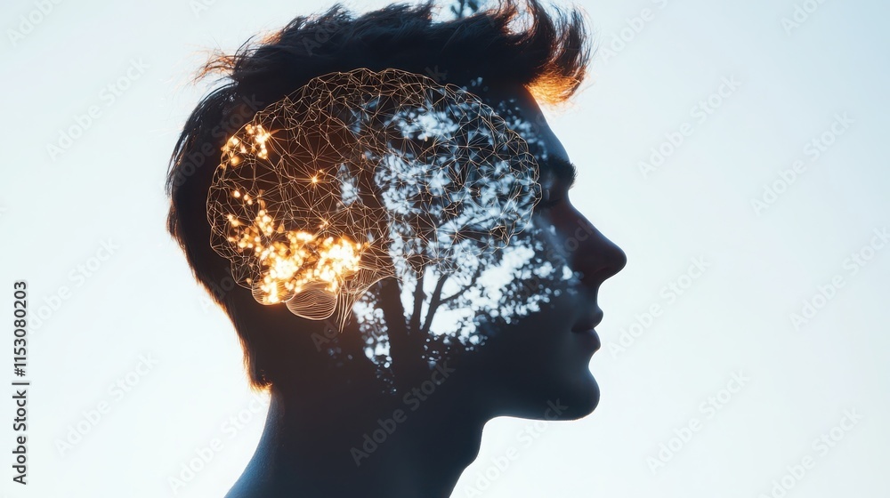 Poster silhouetted brain with machine learning models in academic setting under natural light