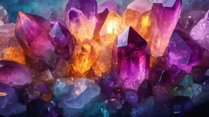 A vibrant scene of jagged amethyst crystals glowing softly, interspersed with colorful quartz and fluorite stones