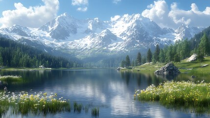 Fototapeta premium Serene Mountain Lake Landscape with Pine Trees2