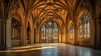 Obraz premium An intricate view of the Chapel of the Constables, showcasing its ornate Gothic arches and stained glass windows, bathed in soft light