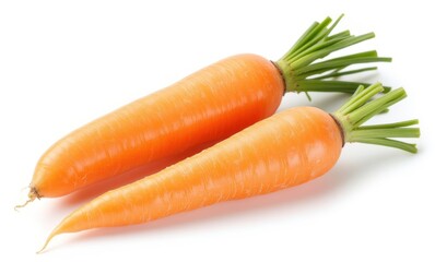 Two vibrant orange carrots on white background