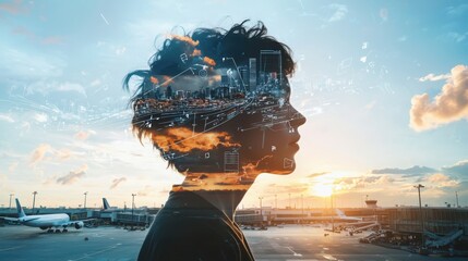 Silhouetted traveler with navigation elements airport background dynamic adventure inspirational mindset