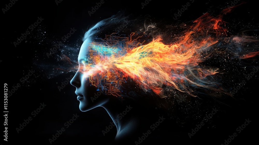 Poster digital enlightenment silhouetted mind with neon data streams dark background abstract technology ar
