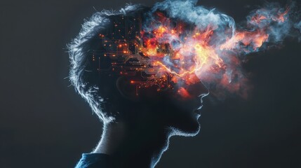 Digital mindscape silhouetted head with glowing data streams dark background neon colors futuristic concept