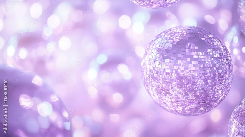Wall mural a captivating display of mirrored disco balls illuminated with soft purple hues, suspended in an abs