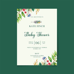 Cute baby shower watercolor invitation card. Layout of children's birthday postcard. New born celebration. Vector illustration