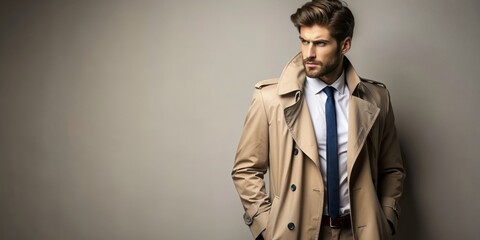 Fototapeta premium Stylish man in pent coat and tie with trendy hairstyle standing against neutral backdrop, fashion, formal, classy