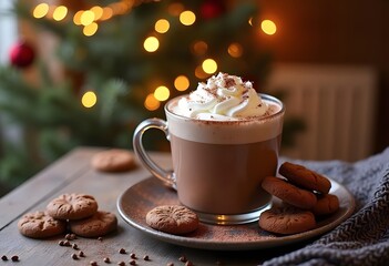 Creamy Christmas drink in pastel mug cozy home vibe, decoration with cinnamon, whipping cream, Pinetree, light, Noel vibe
